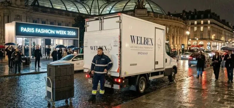 Un camion frigorifique Welbex et son chauffeur devant le Grand Palais, un soir de Paris Fashion Week